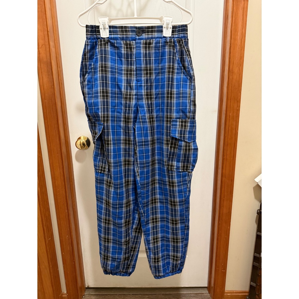 New Look Blue Plaid Cargo Pants Mens Medium Tartan Jogger Streetwear Trousers